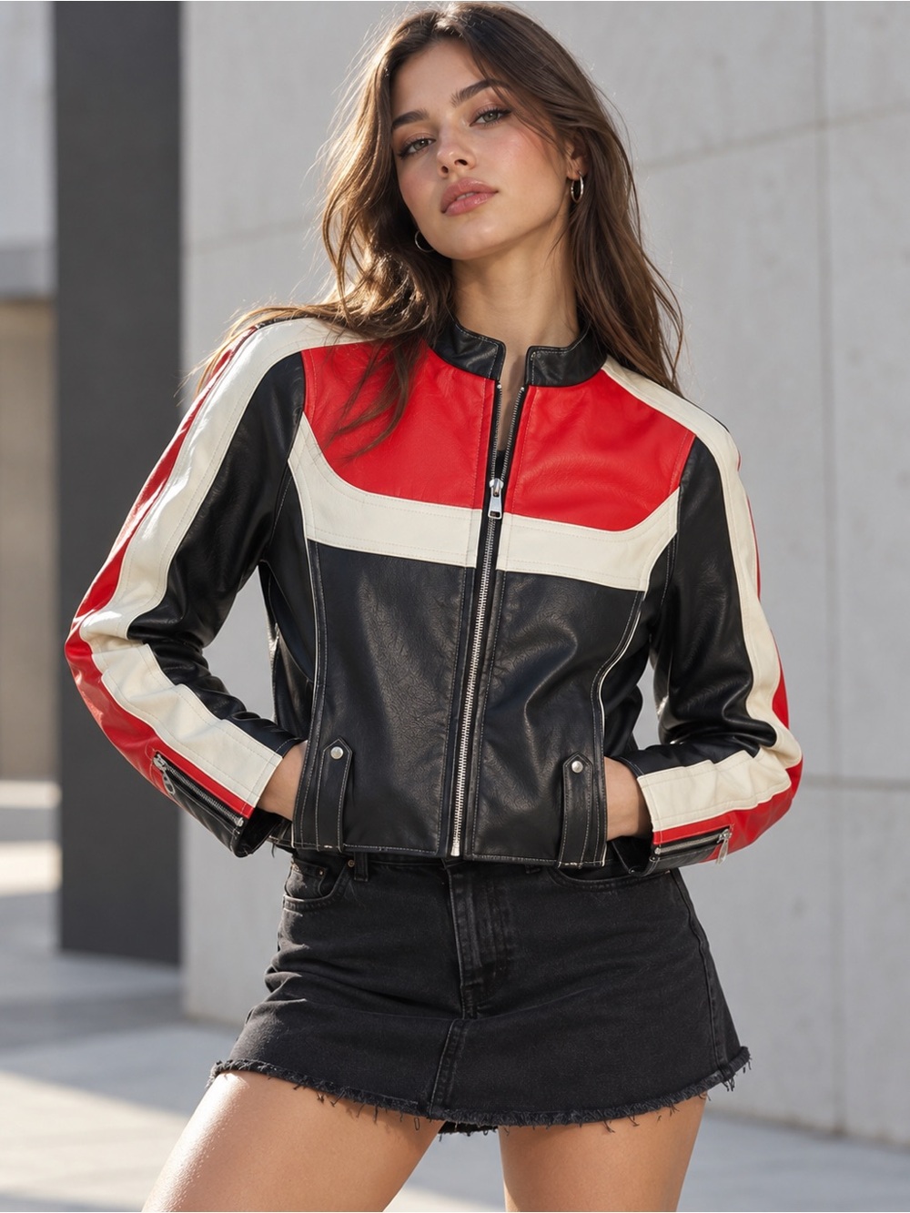 NWT Urban Outfitters Colourblock Faux Leather Moto Jacket Red Black Cream |Large